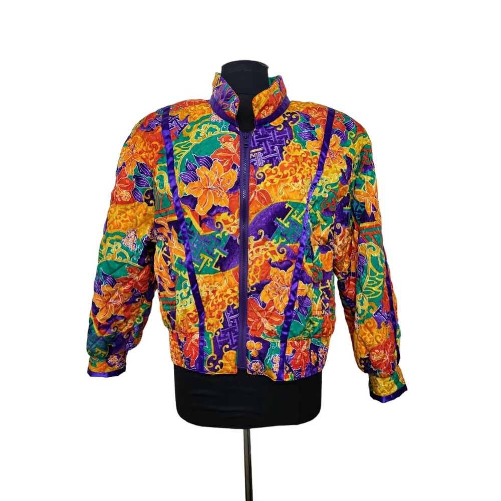 Vintage 80s Women's Howard Wolf USA Colorful Flowers Ribbons Jacket Coat‎ Large